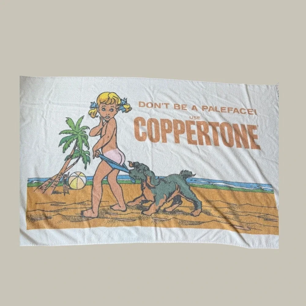 Vintage Coppertone Beach Towel Dont Be A Paleface Girl Dog Fringe White Retro